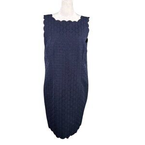 RSVP by Talbots 16P Sleeveless Jacquard Sheath Dress Navy Blue Scalloped Trim